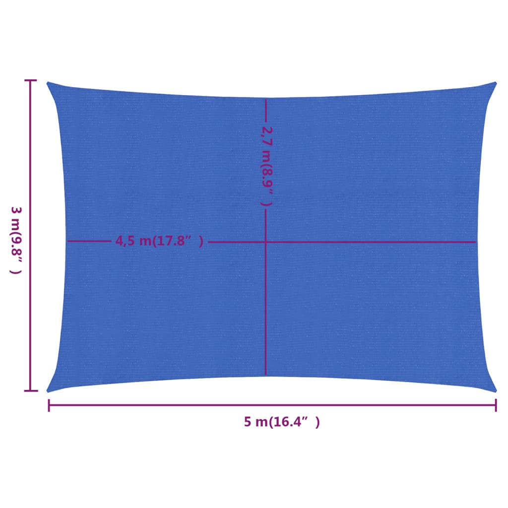 Solseil 160 g/m² rektangulær blå 3x5 m HDPE