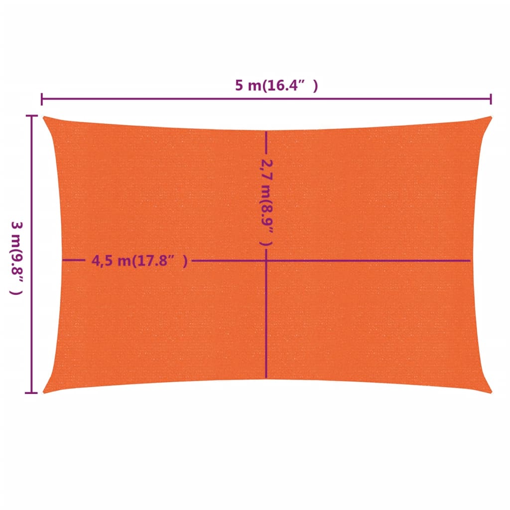 Solseil 160 g/m² rektangulær oransje 3x5 m HDPE