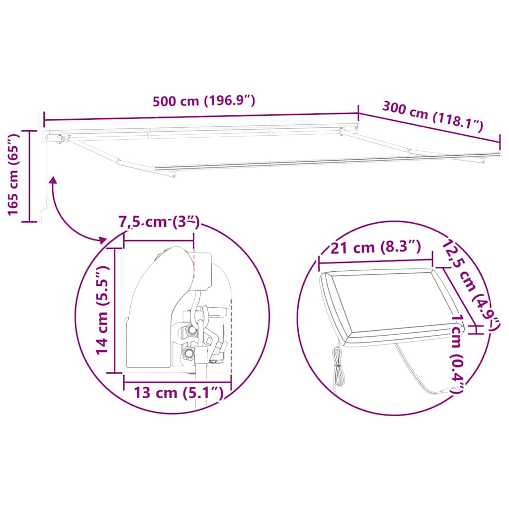 Markiseramme med LED -stripelys Hvit 500 × 300 cm Aluminium