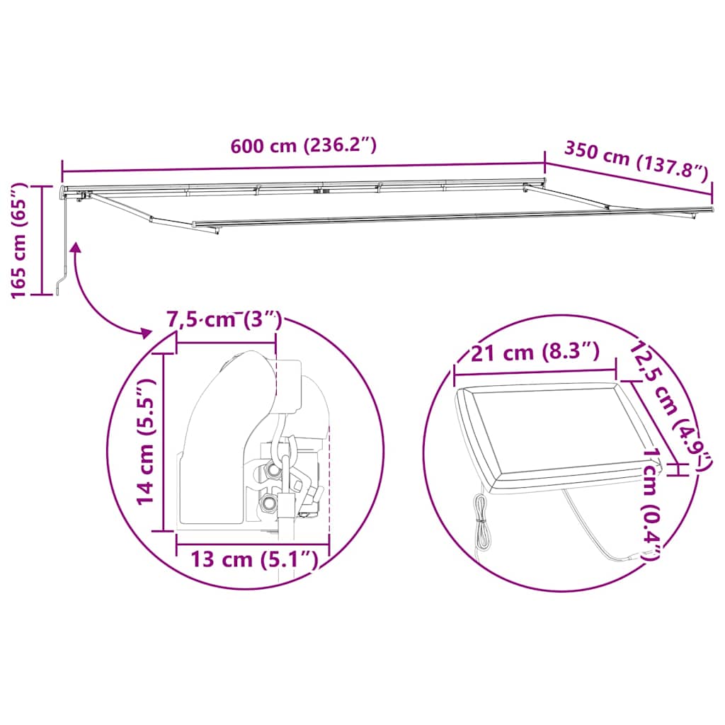 Markiseramme med LED -stripelys Hvit 600 × 350 cm Aluminium