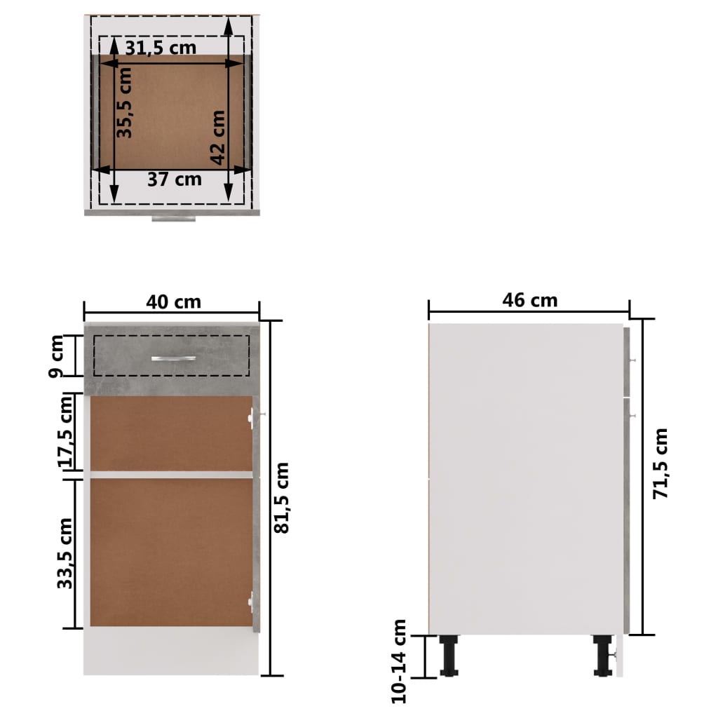 Bunnskap med skuff betonggrå 40x46x81,5 cm konstruert tre