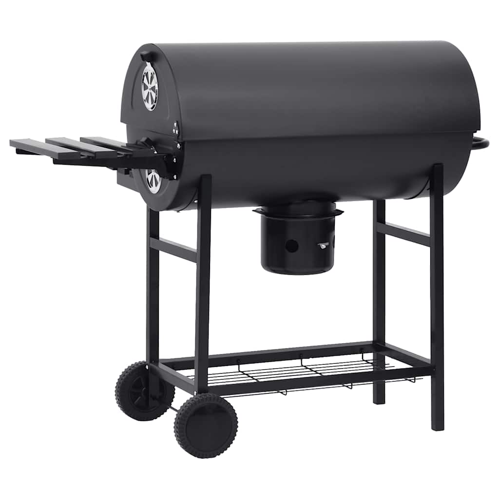 Tønnegrill med hjul og hyller svart stål 115x85x95 cm