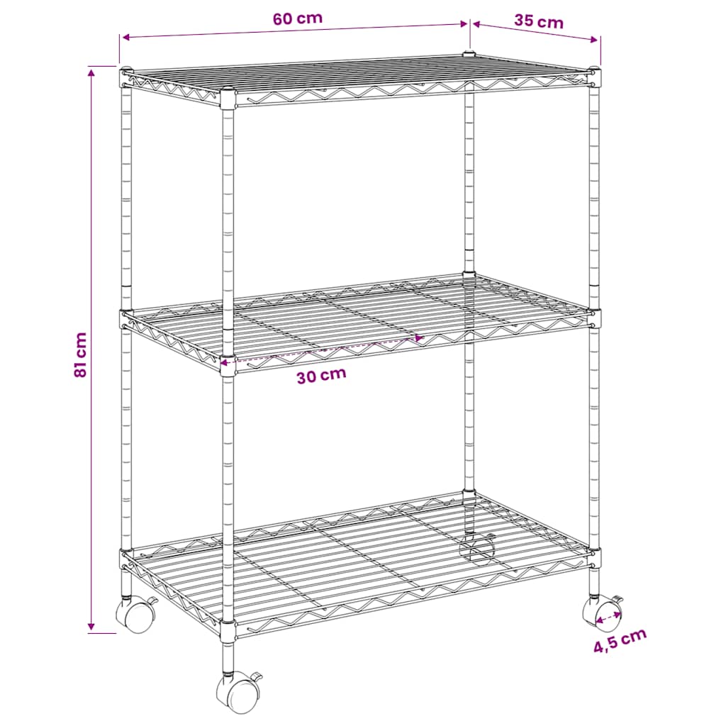 Oppbevaringshylle 3 etasjer med hjul 60x35x81 cm krom 150 kg