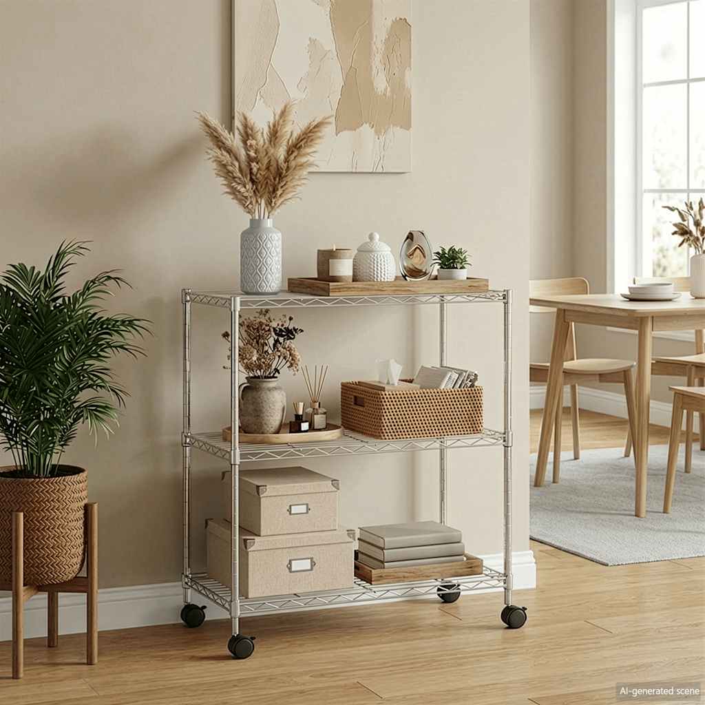 Oppbevaringshylle 3 etasjer med hjul 60x35x81 cm krom 150 kg
