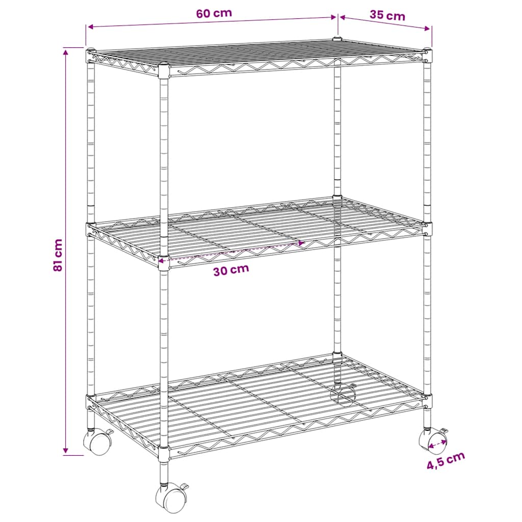 Oppbevaringshylle 3 etasjer med hjul 60x35x81 cm svart 150 kg