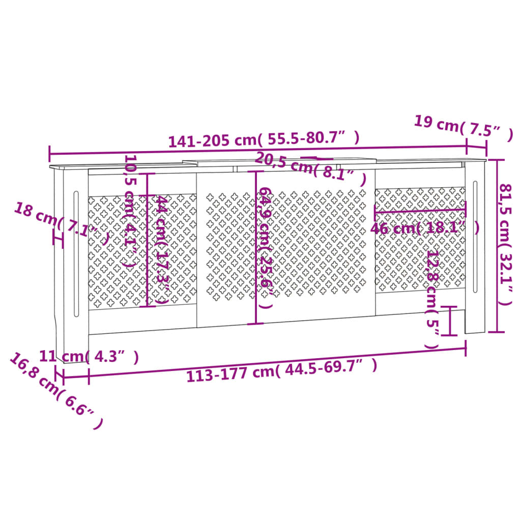 Radiatordeksel MDF grå 205 cm