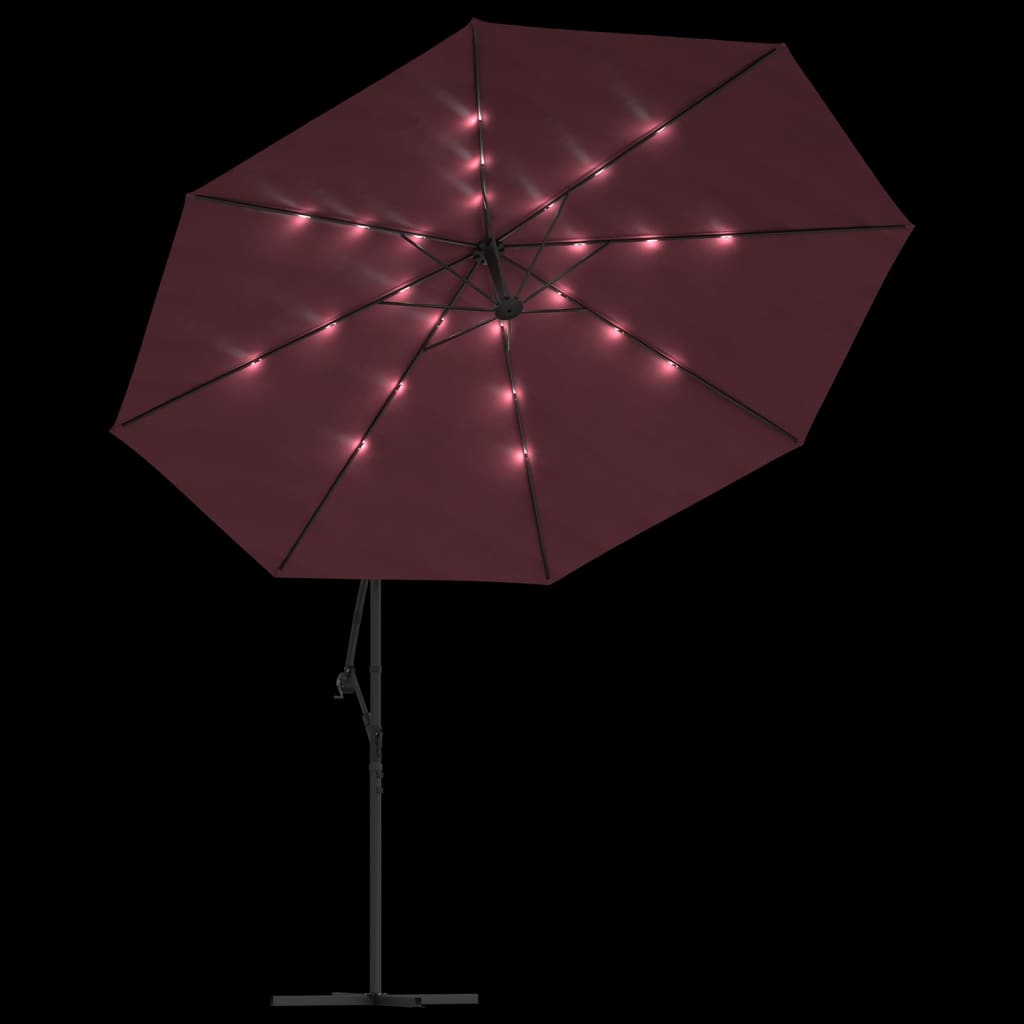 Hengende hageparasoll med LED-lys vinrød 350 cm