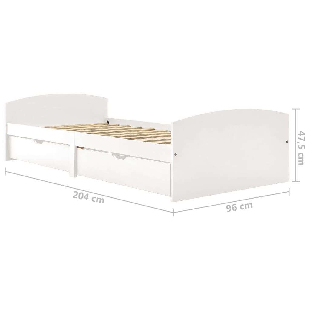 Sengeramme med 2 skuffer hvit heltre furu 90x200 cm