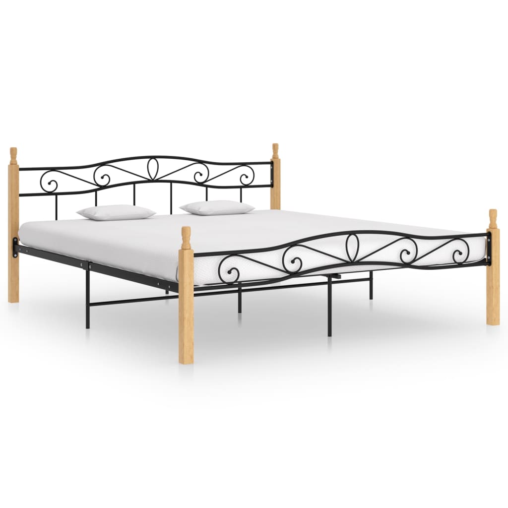 Sengeramme svart metall og heltre eik 200x200 cm