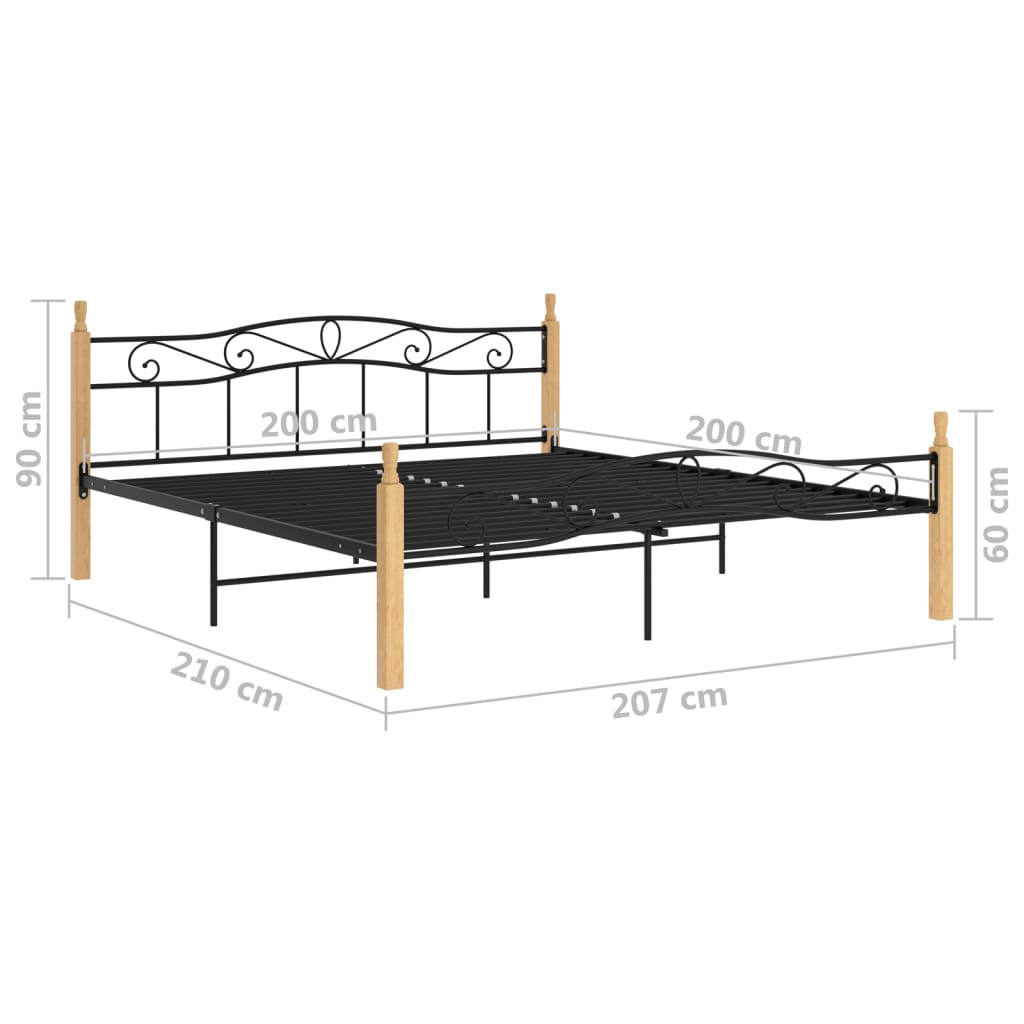 Sengeramme svart metall og heltre eik 200x200 cm