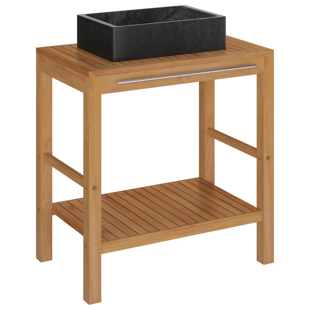 Baderomshylle heltre teak med vask marmor svart
