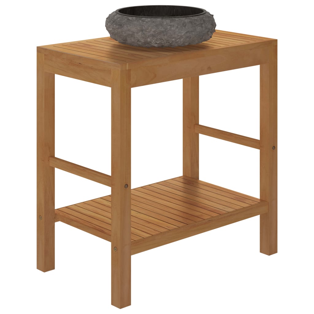 Baderomshylle heltre teak med vask marmor svart