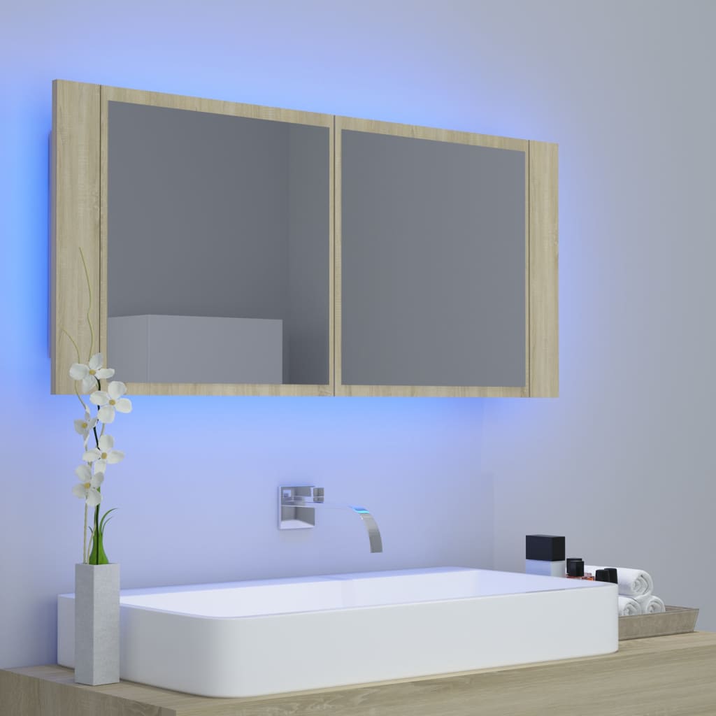 LED-speilskap til baderom sonoma eik 100x12x45 cm akryl