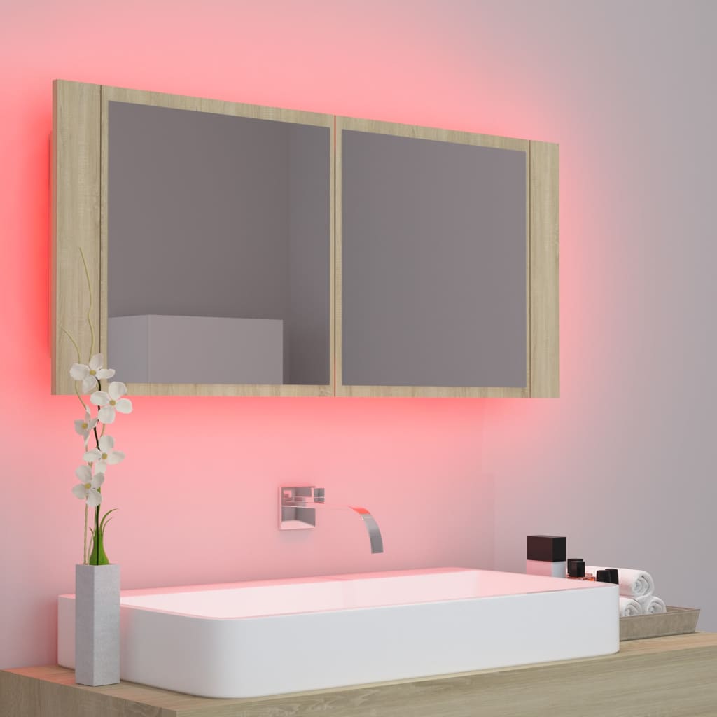 LED-speilskap til baderom sonoma eik 100x12x45 cm akryl