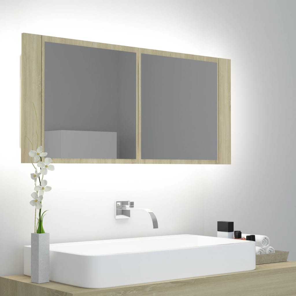 LED-speilskap til baderom sonoma eik 100x12x45 cm akryl
