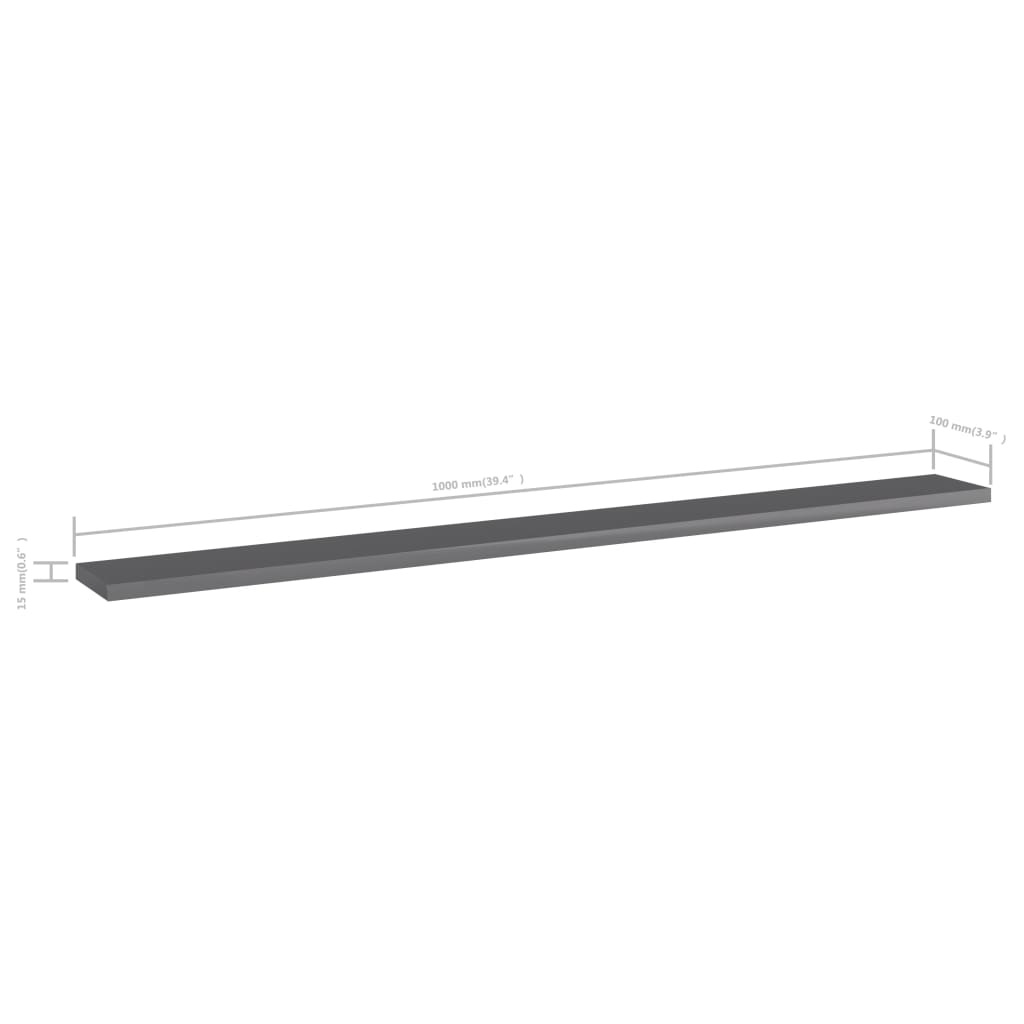 Hylleplater 4 stk høyglans grå 100x10x1,5 cm sponplate
