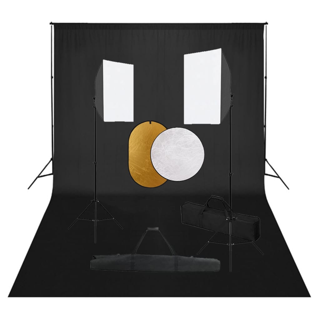 Fotostudiosett med softbokslys, bakgrunn og reflektor