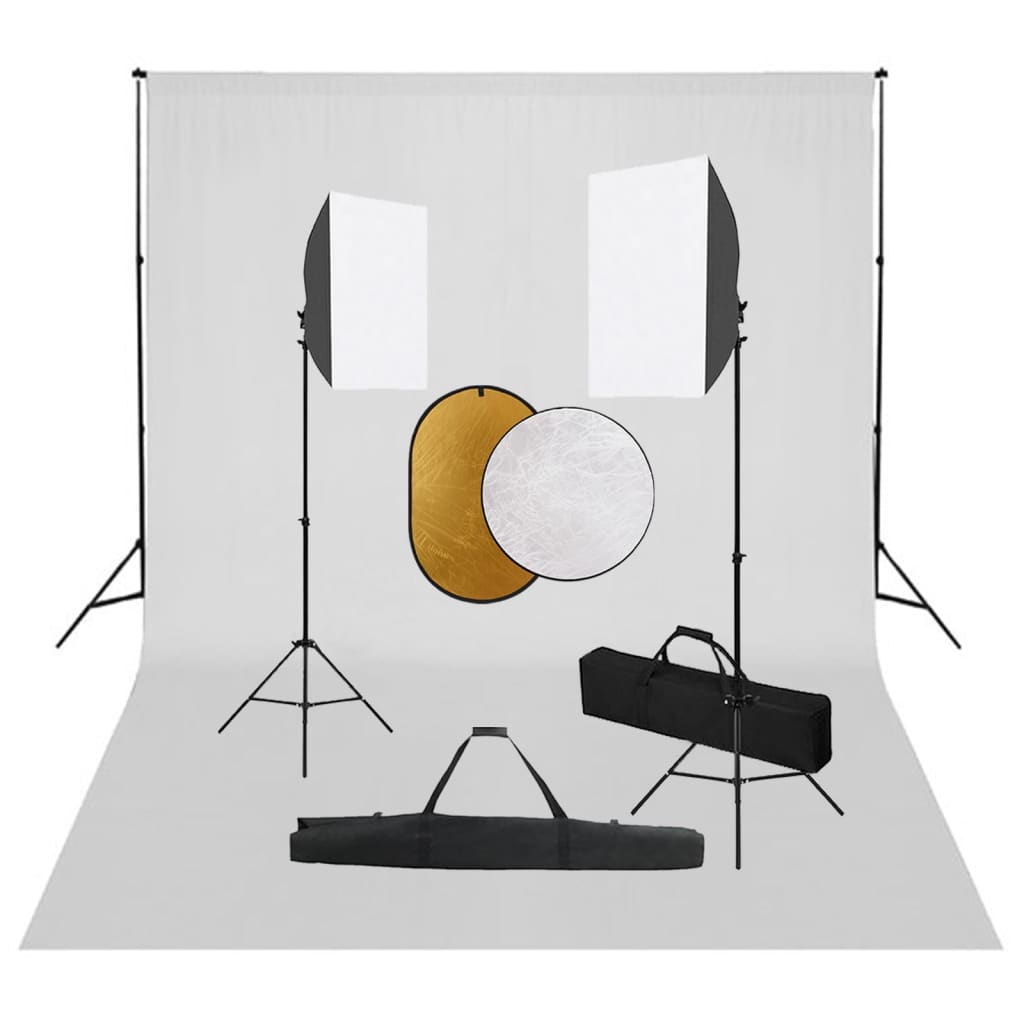Fotostudiosett med softbokslys, bakgrunn og reflektor