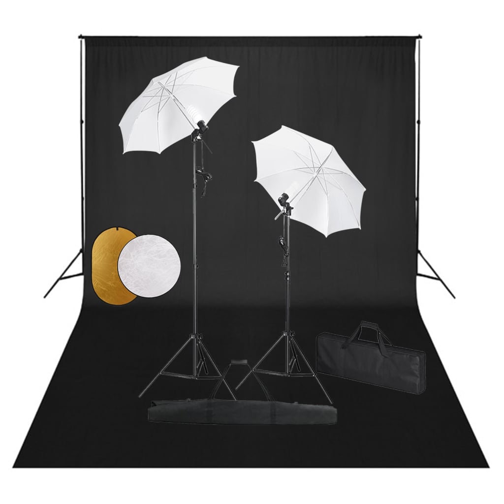 Fotostudiosett med lamper, paraplyer, bakgrunn og reflektor