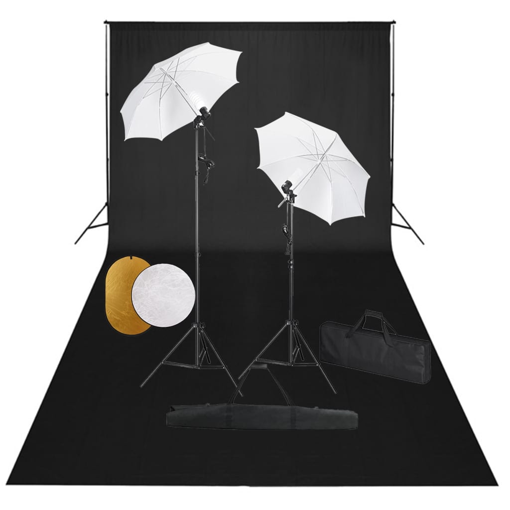 Fotostudiosett med lamper, paraplyer, bakgrunn og reflektor