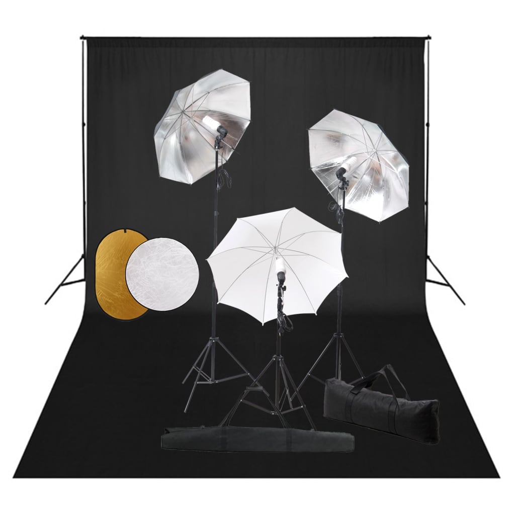Fotostudiosett med lamper, paraplyer, bakgrunn og reflektor