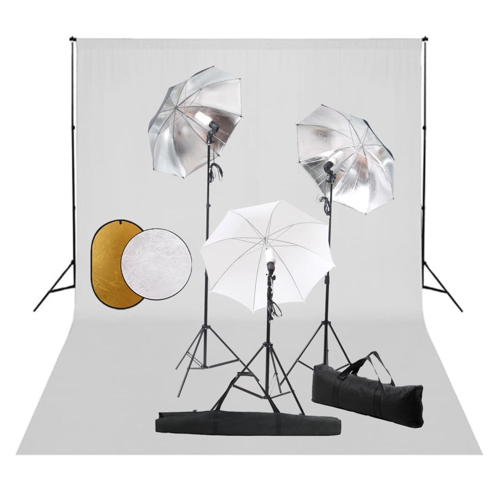 Fotostudiosett med lamper, paraplyer, bakgrunn og reflektor
