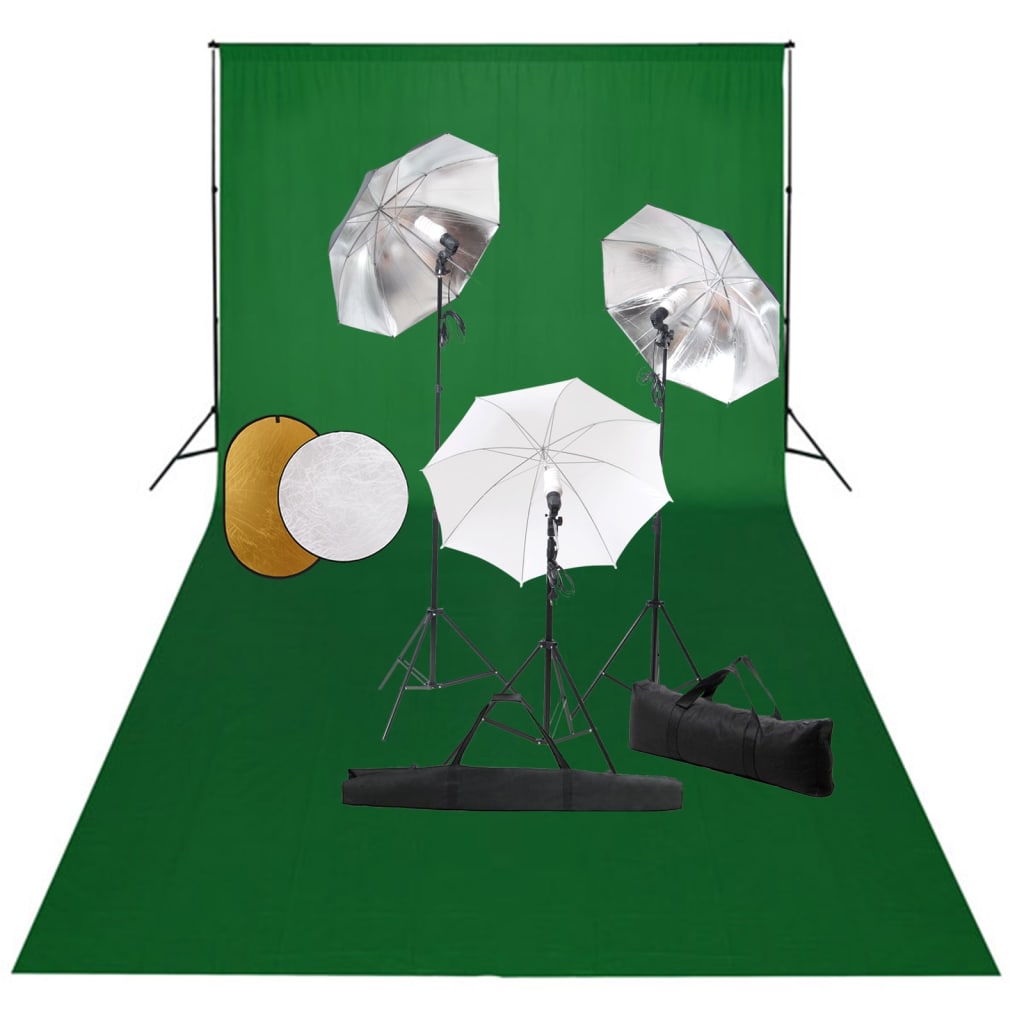 Fotostudiosett med lamper, paraplyer, bakgrunn og reflektor