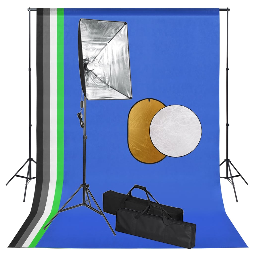 Fotostudiosett med softboks lys, bakgrunn og reflektor