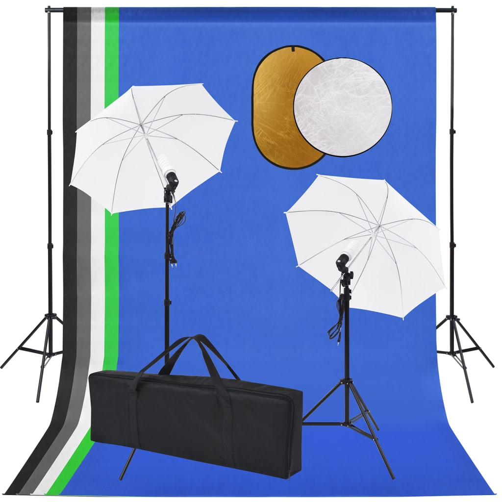 Fotostudiosett med lamper, paraplyer, bakgrunn og reflektor