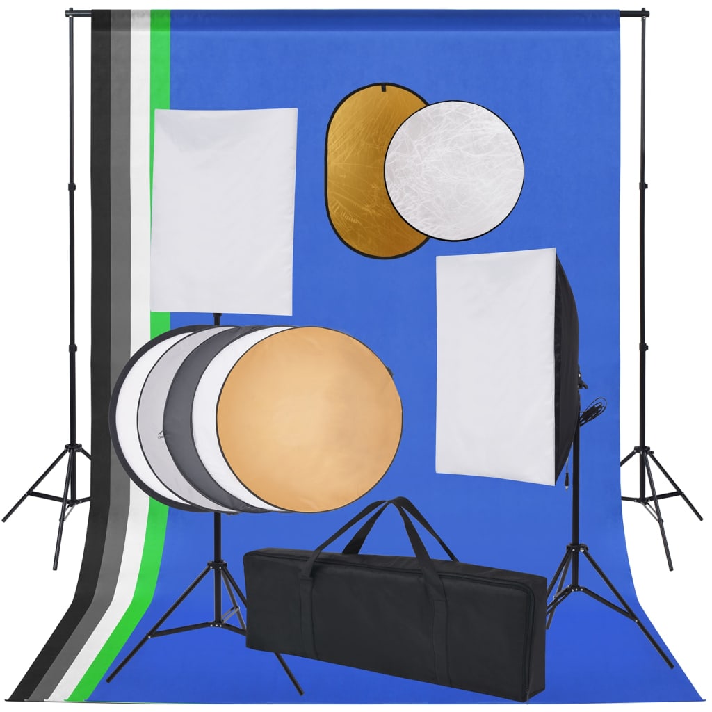 Fotostudiosett med softboks lys, bakgrunn og reflektor