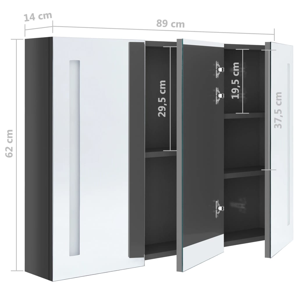 LED-speilskap til bad 89x14x62 cm skinnende grå