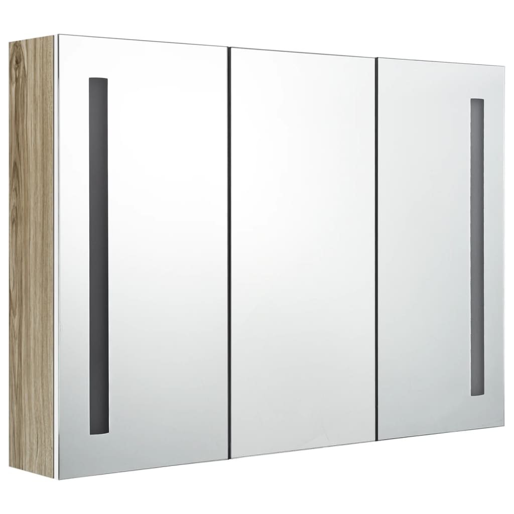 LED-speilskap til bad 89x14x62 cm hvit og eik