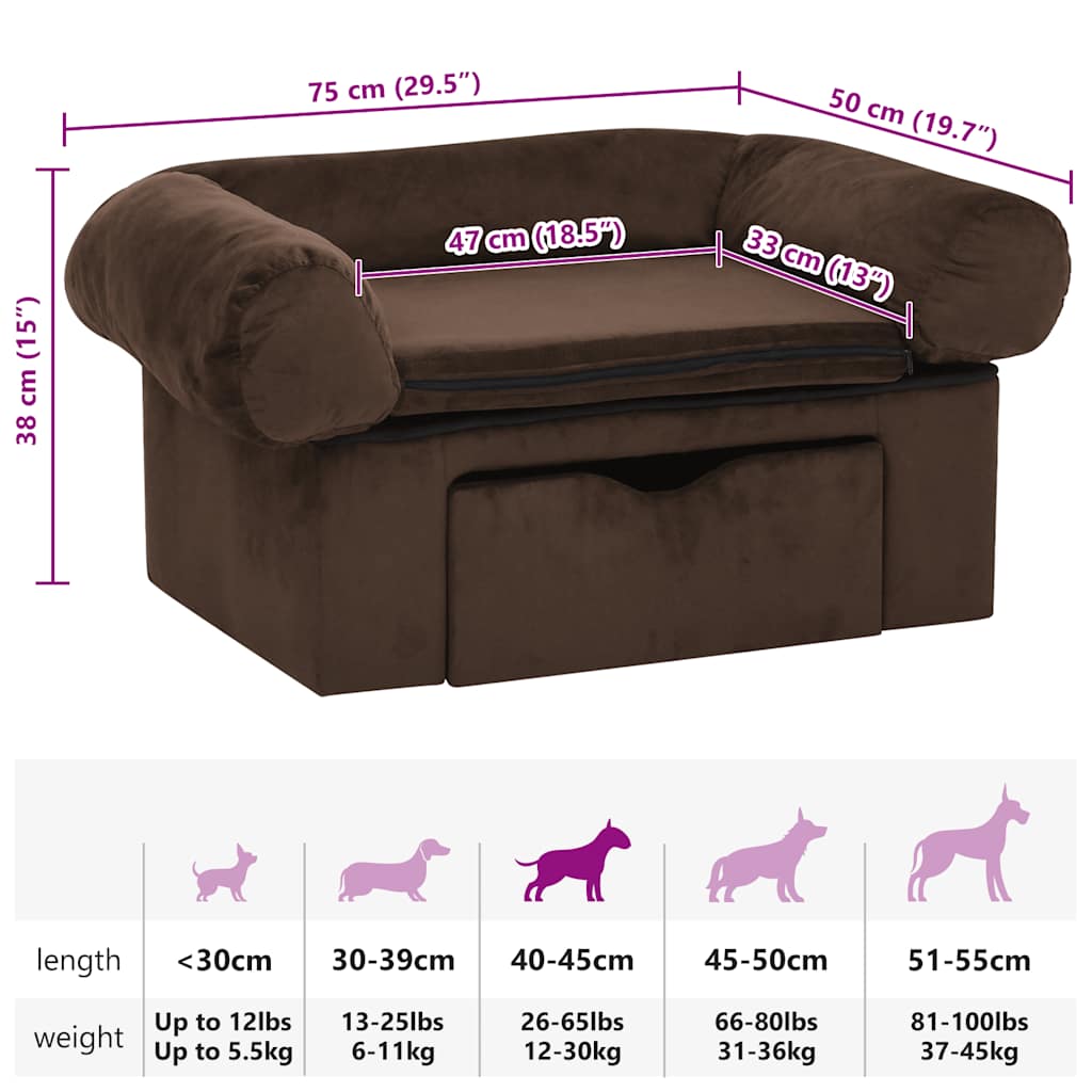 Hundesofa med skuff brun 75x50x38 cm plysj