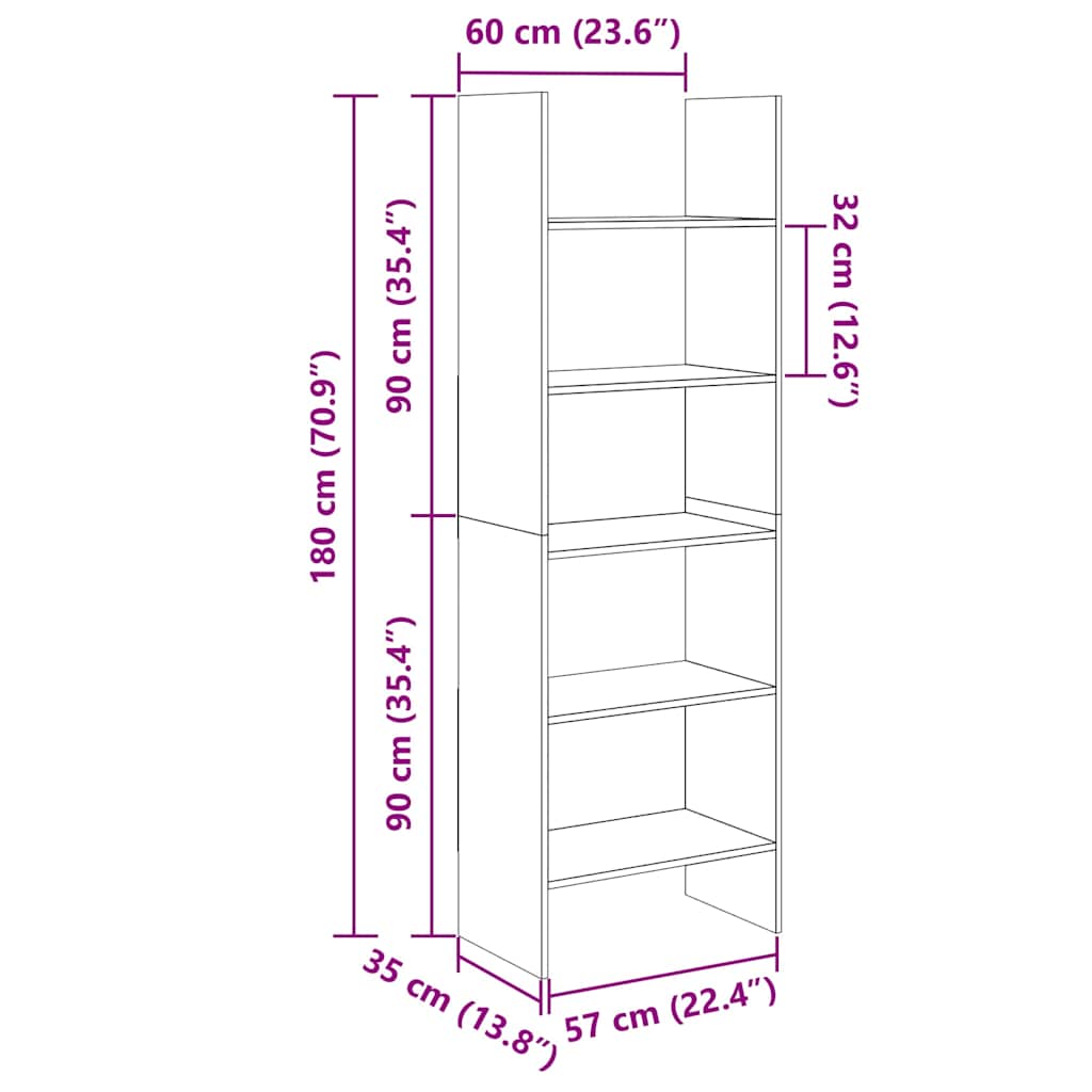 Bokhylle hvit 60x35x180 cm konstruert tre