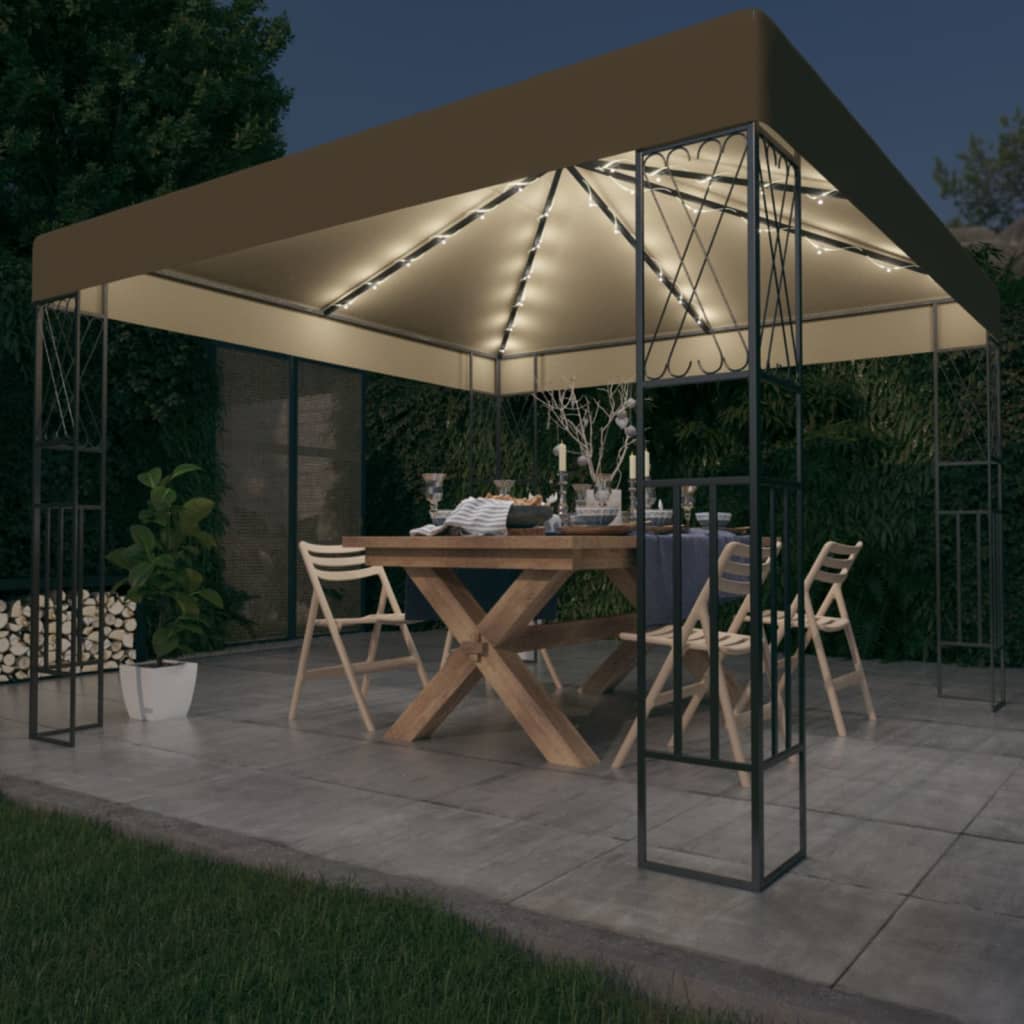 Paviljong med LED-lysslynge 3x3 m gråbrun stoff