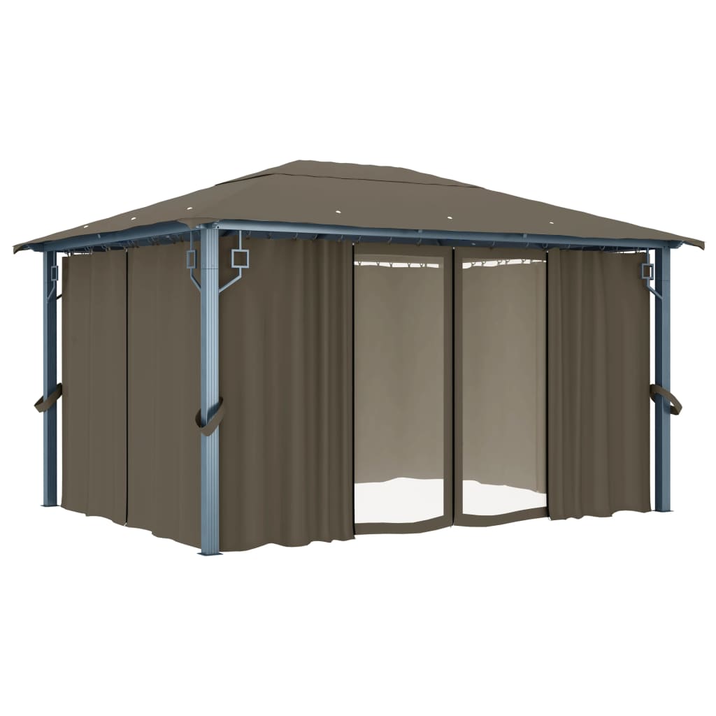 Paviljong med gardin og LED-strenglys 4x3 m gråbrun aluminium