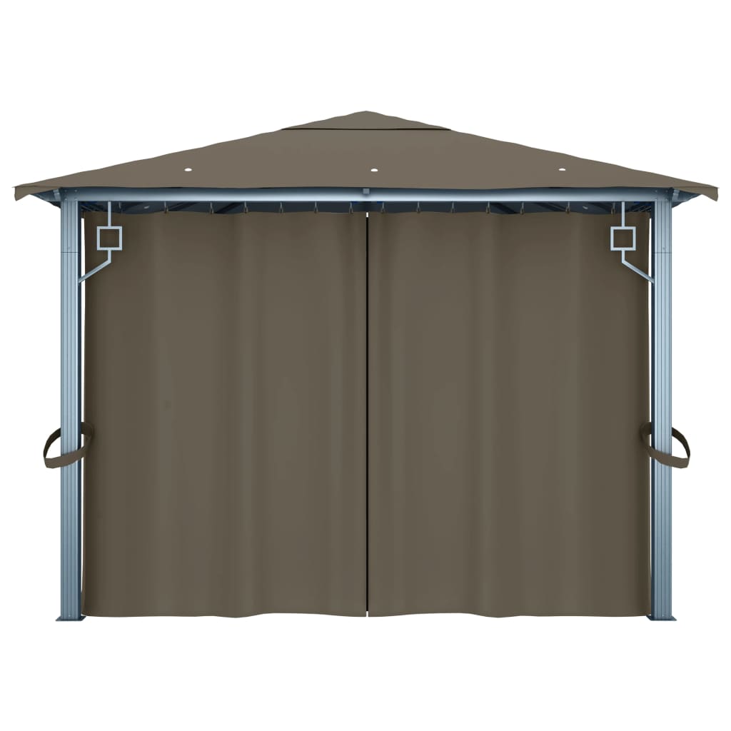 Paviljong med gardin og LED-strenglys 4x3 m gråbrun aluminium
