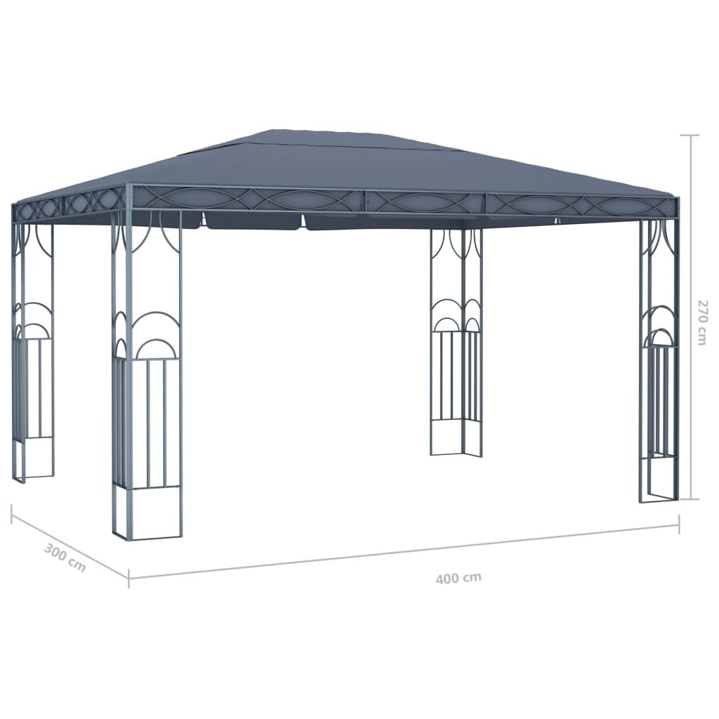 Paviljong med gardin og LED-strenglys 400x300 cm antrasitt