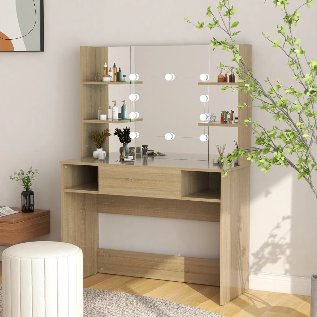 Sminkebord med LED-lys 100x40x135 cm MDF eik