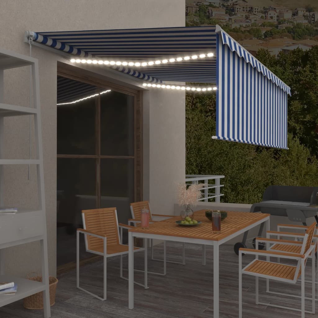 Manuell uttrekkbar markise rullegardin og LED 4,5x3 m blå hvit