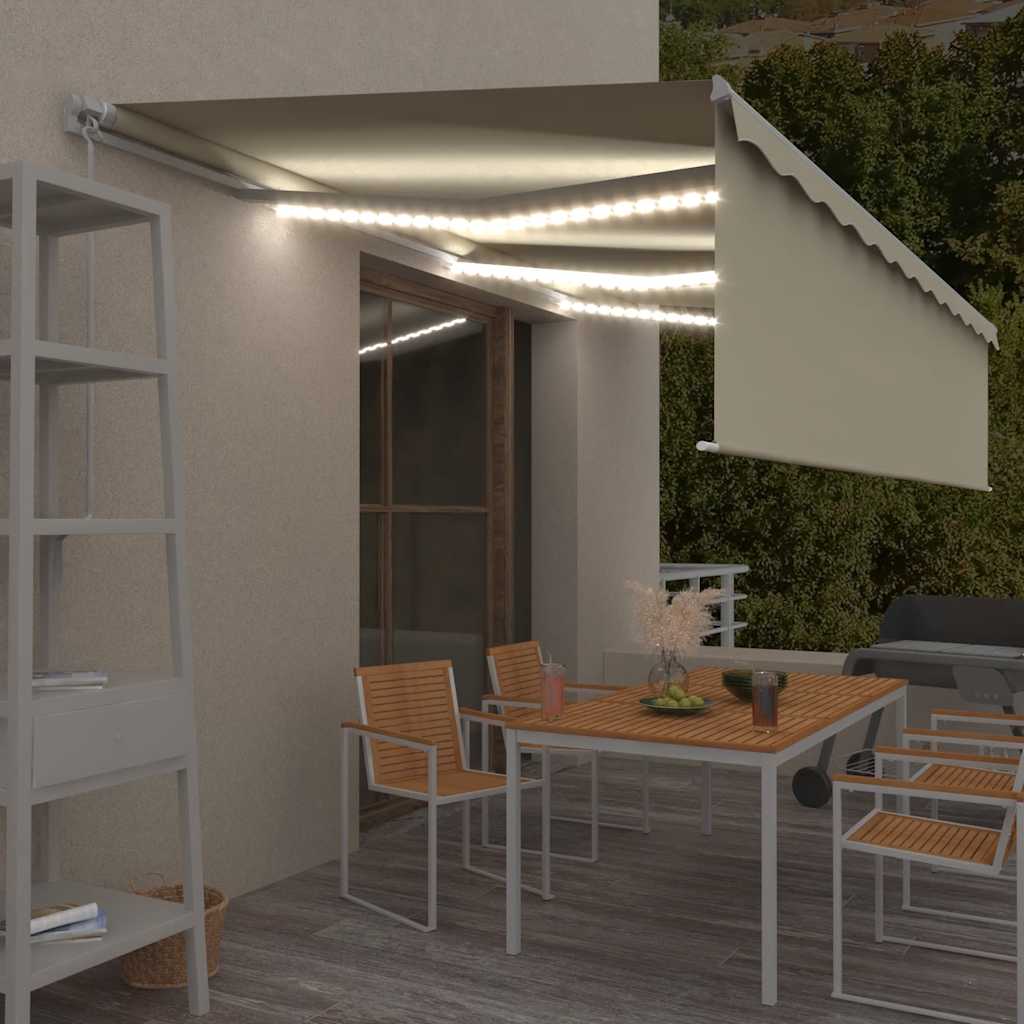 Manuell uttrekkbar markise med rullegardin LED 6x3 m kremhvit