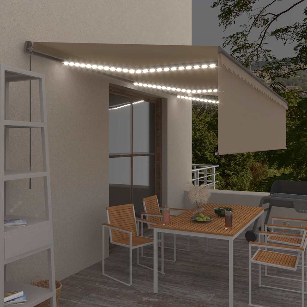 Manuell uttrekkbar markise med rullegardin LED 6x3 m kremhvit