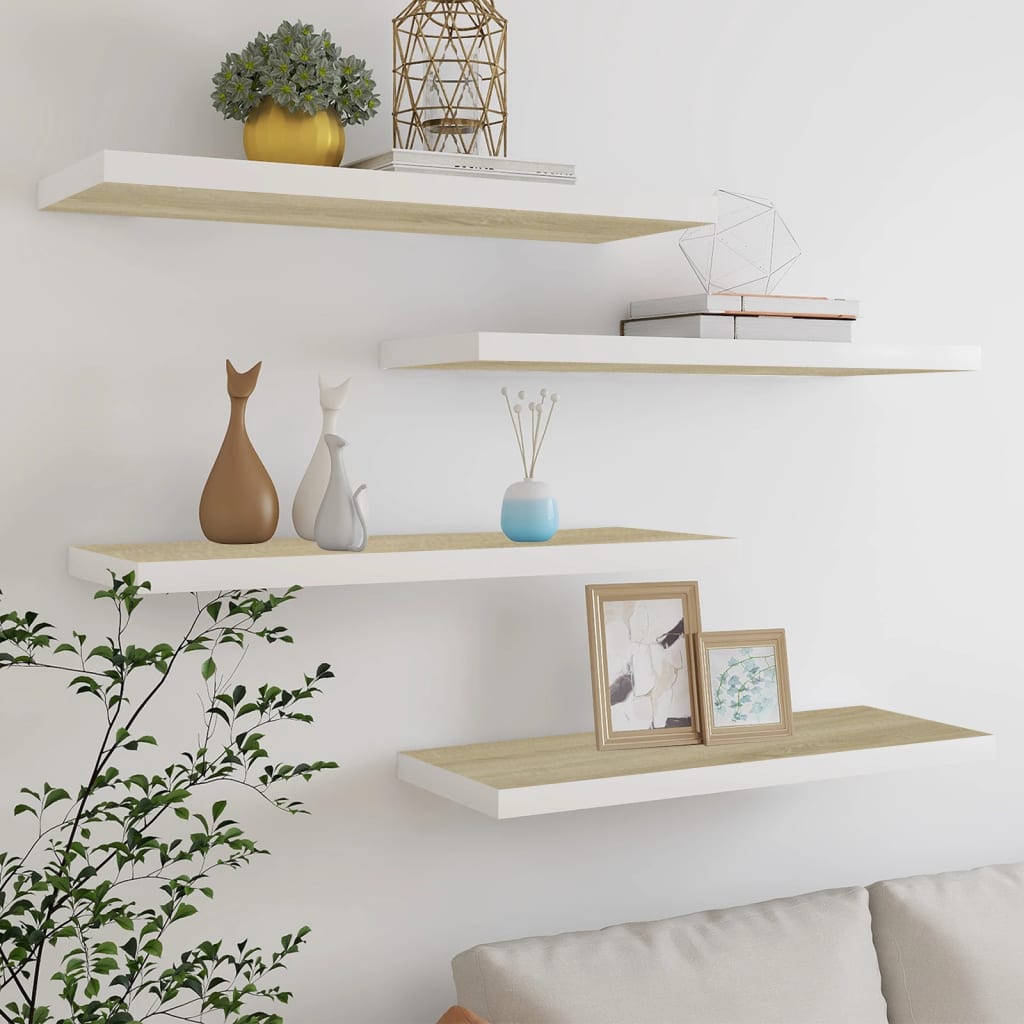 Flytende vegghyller 4 stk eik og hvit 80x23,5x3,8 cm MDF