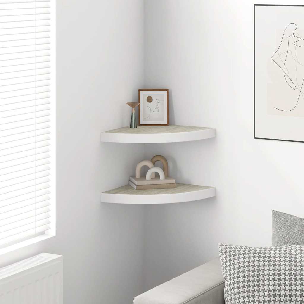 Hjørnehyller vegghengt 2 stk eik og hvit 35x35x3,8 cm MDF