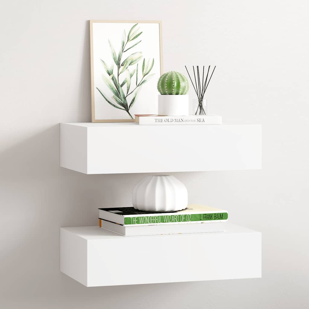 Veggmonterte skuffehyller 2 stk hvit 40x23,5x10 cm MDF