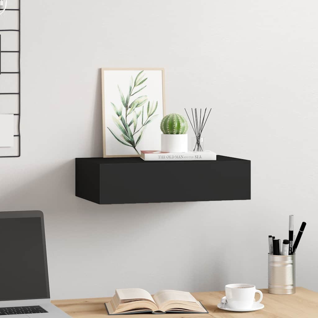 Veggmontert skuffehylle svart 40x23,5x10 cm MDF