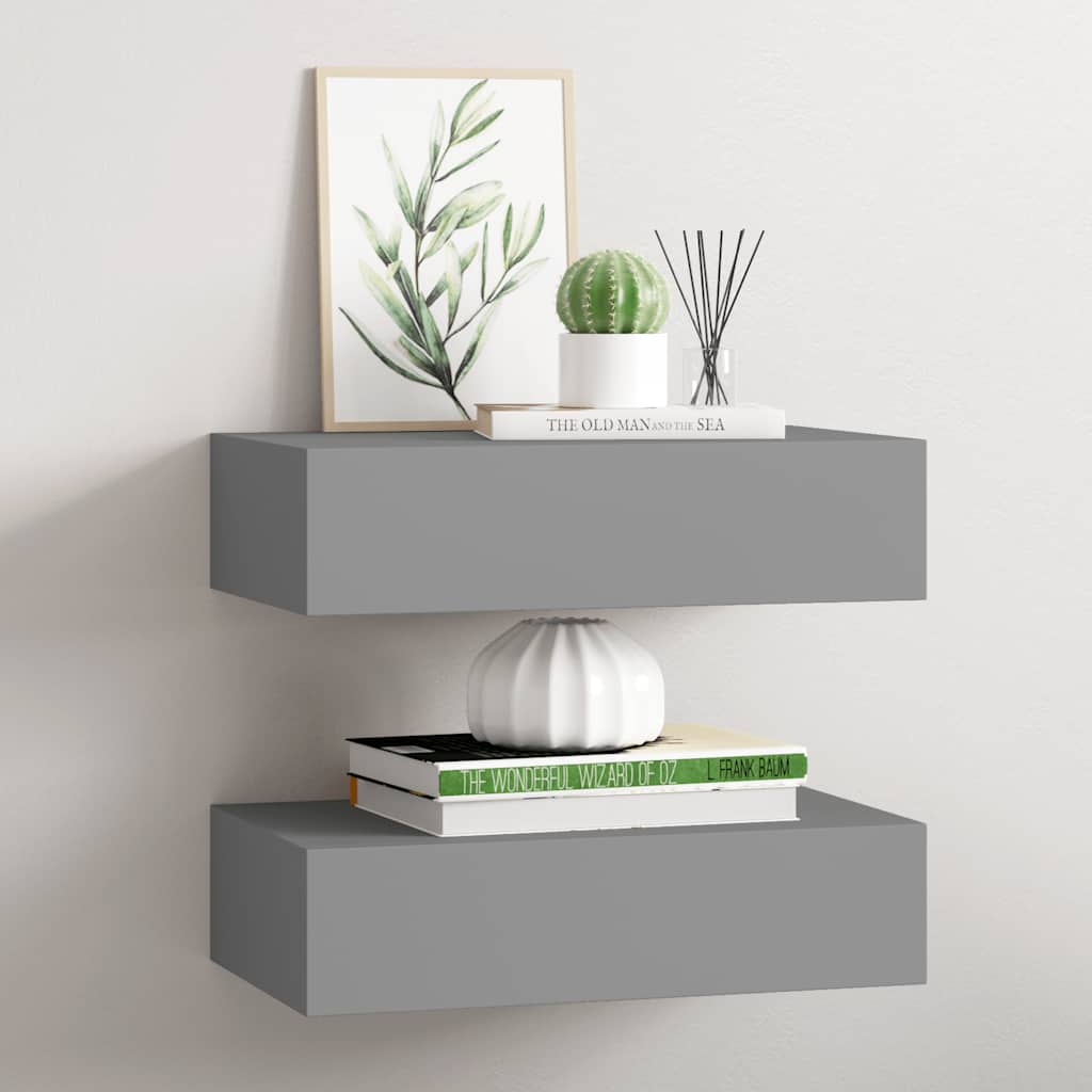 Veggmonterte skuffehyller 2 stk grå 40x23,5x10 cm MDF