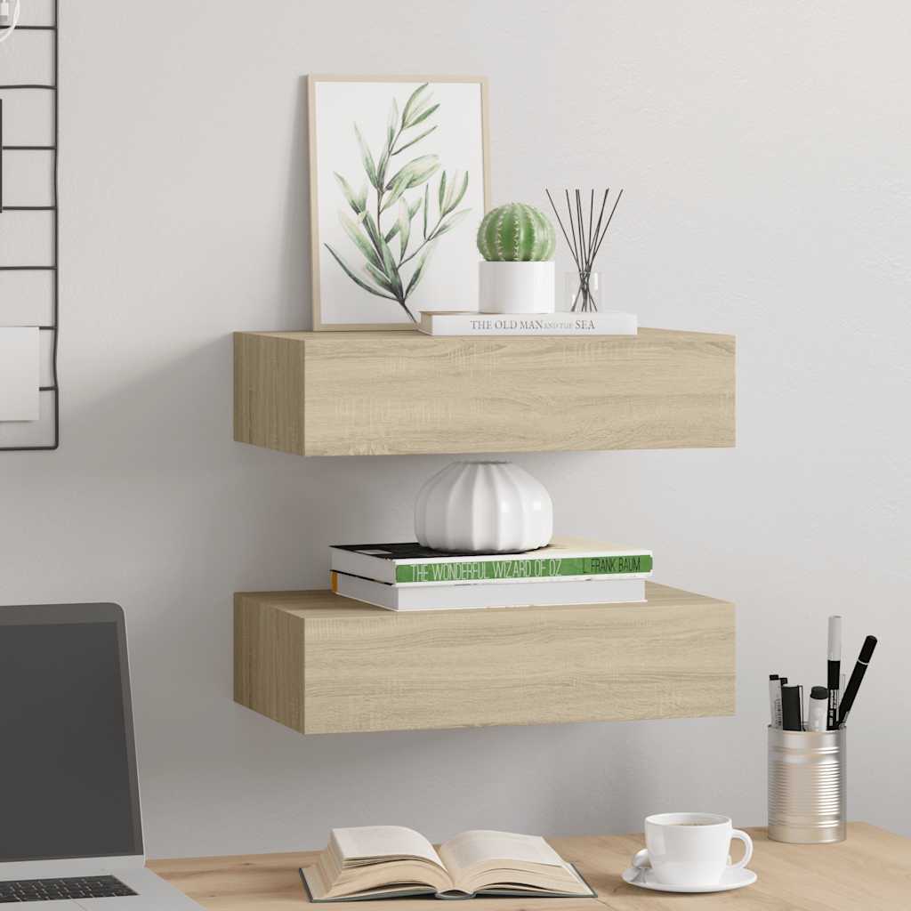 Veggmonterte skuffehyller 2 stk eik 40x23,5x10 cm MDF