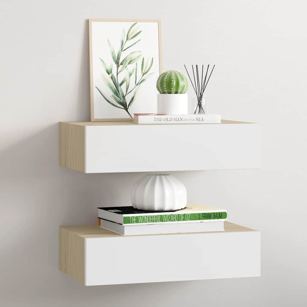 Veggmonterte skuffehyller 2 stk eik og hvit 40x23,5x10 cm MDF vidaXL
