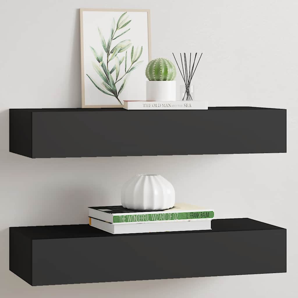 Veggmonterte skuffehyller 2 stk svart 60x23,5x10 cm MDF